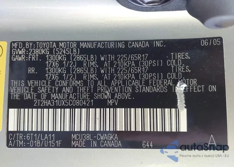 2005 Lexus Rx 330 z USA, uszkodzony, nr VIN 2T2HA31UX5C080421